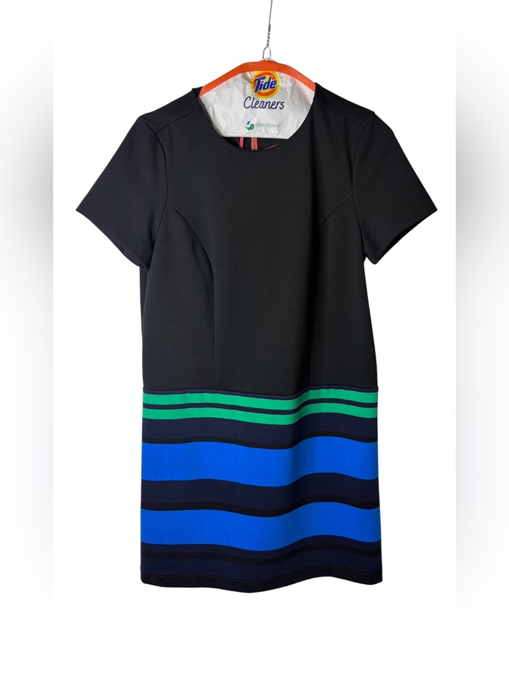 NWT Loft  size 2 Black Short-Sleeve Dress with Blue & Green Stripes